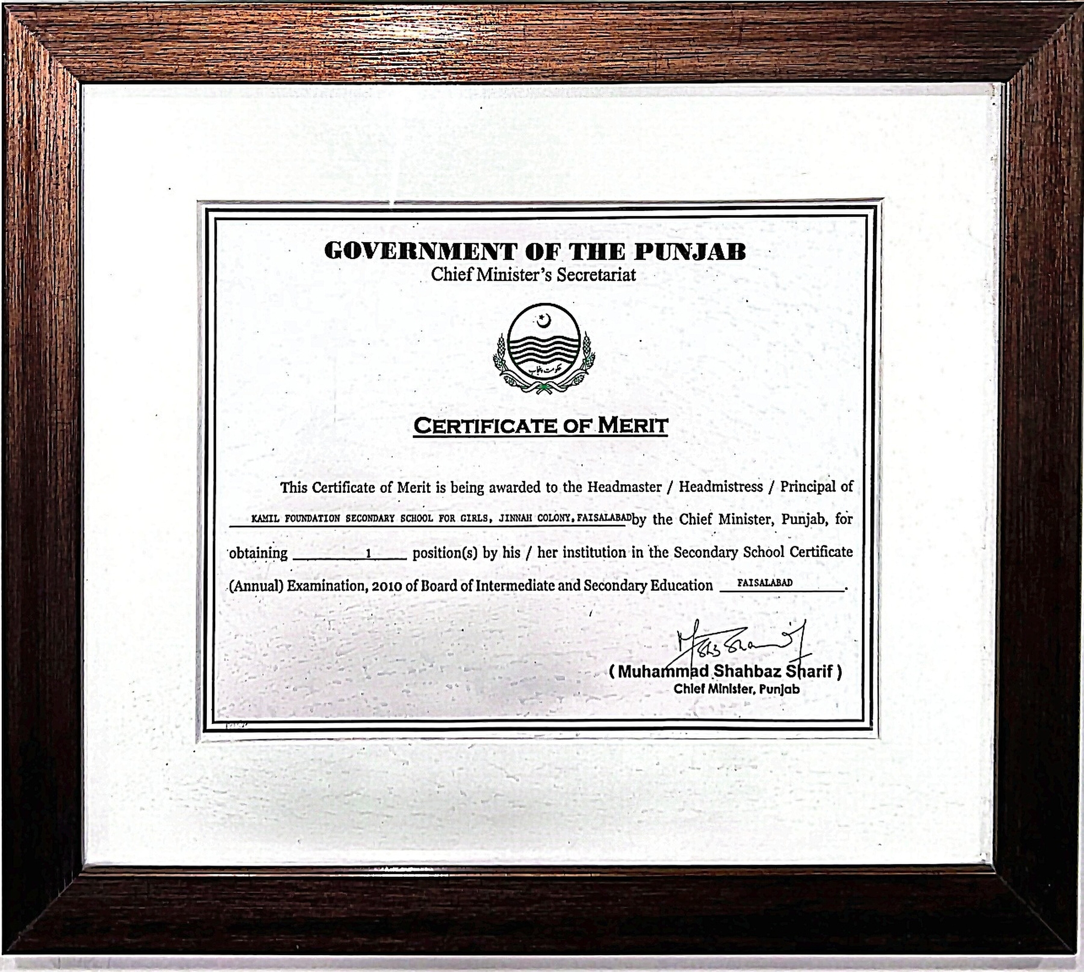 Chief Minister Punjab Certificate of Merit, 2010