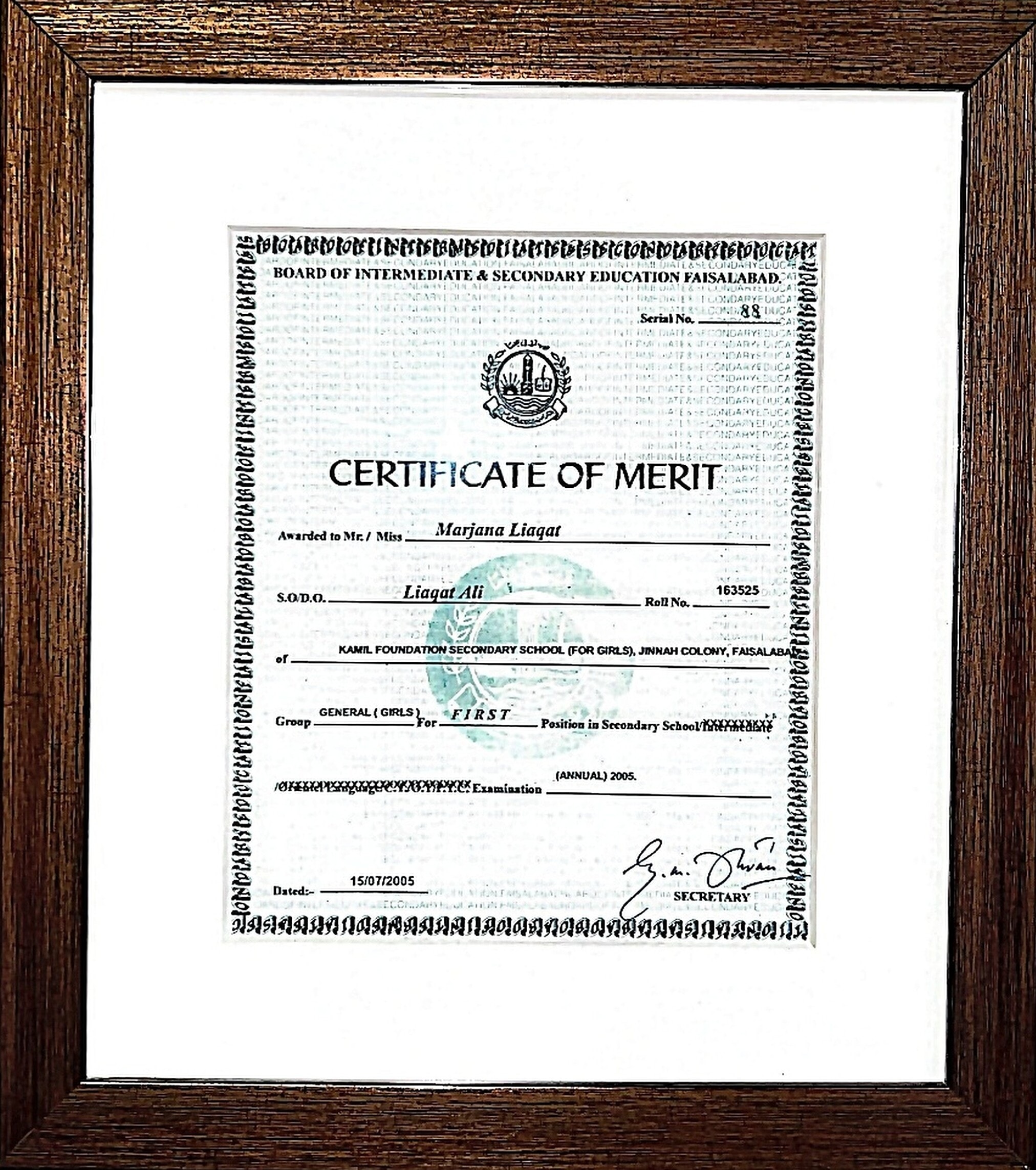Certificate of Merit, Marjana Liaqat